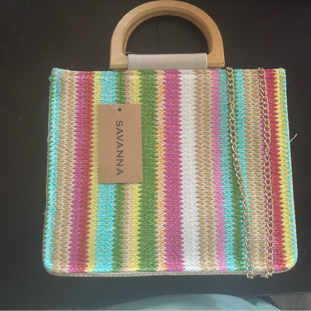 Savanna Vibrant Striped Tote with Wooden Handles